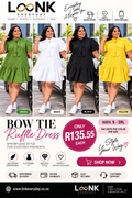 L∞NK Everyday Bow Tie Ruffle Dress in green, white, black and yellow