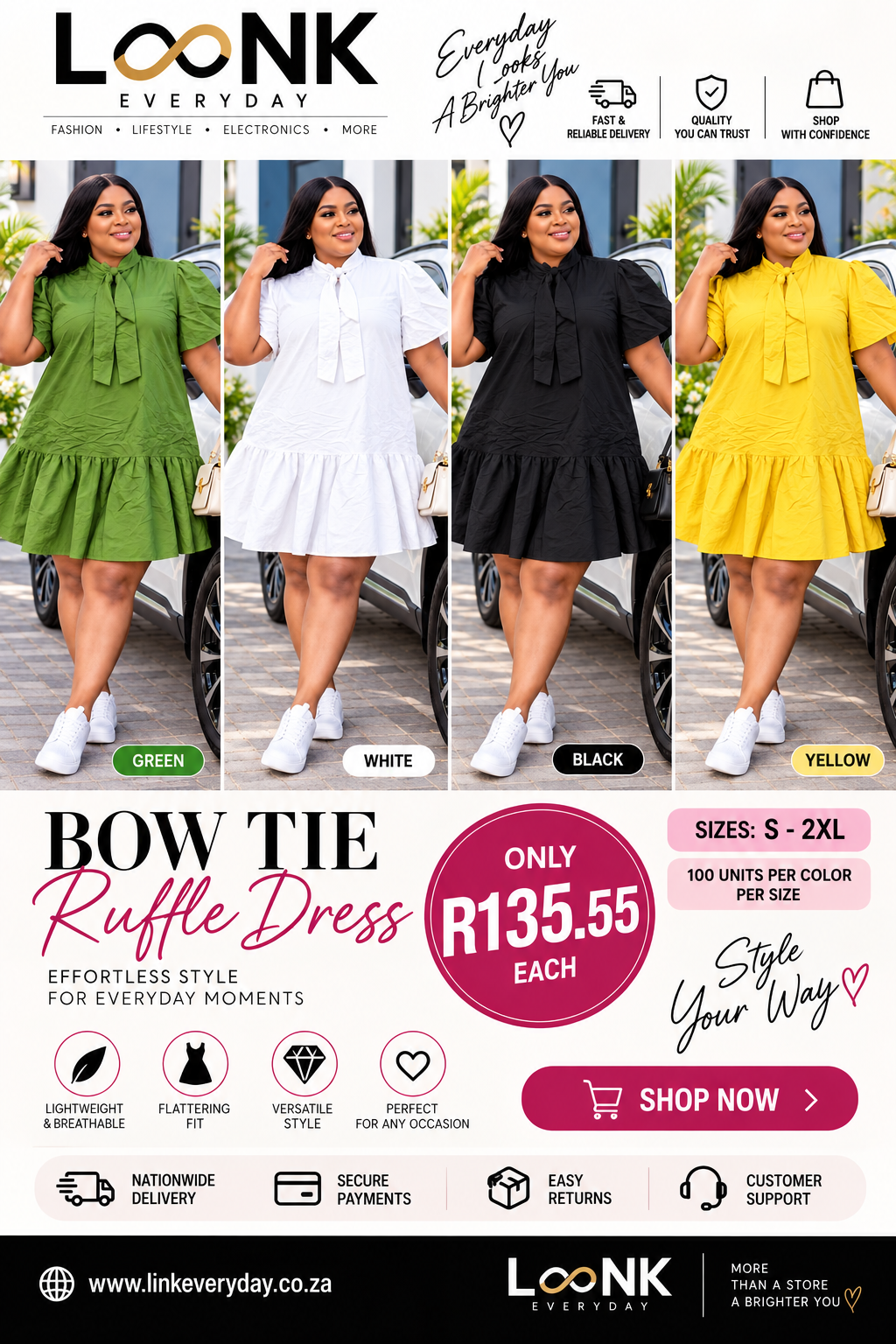 L∞NK Everyday Bow Tie Ruffle Dress in green, white, black and yellow
