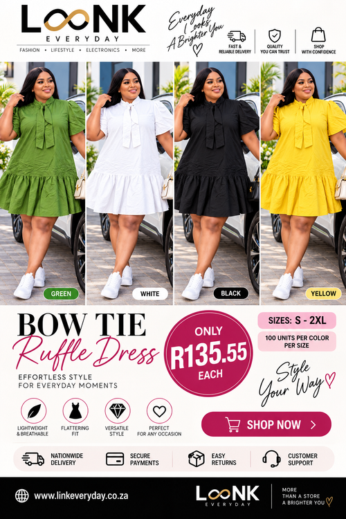 L∞NK Everyday Bow Tie Ruffle Dress in green, white, black and yellow