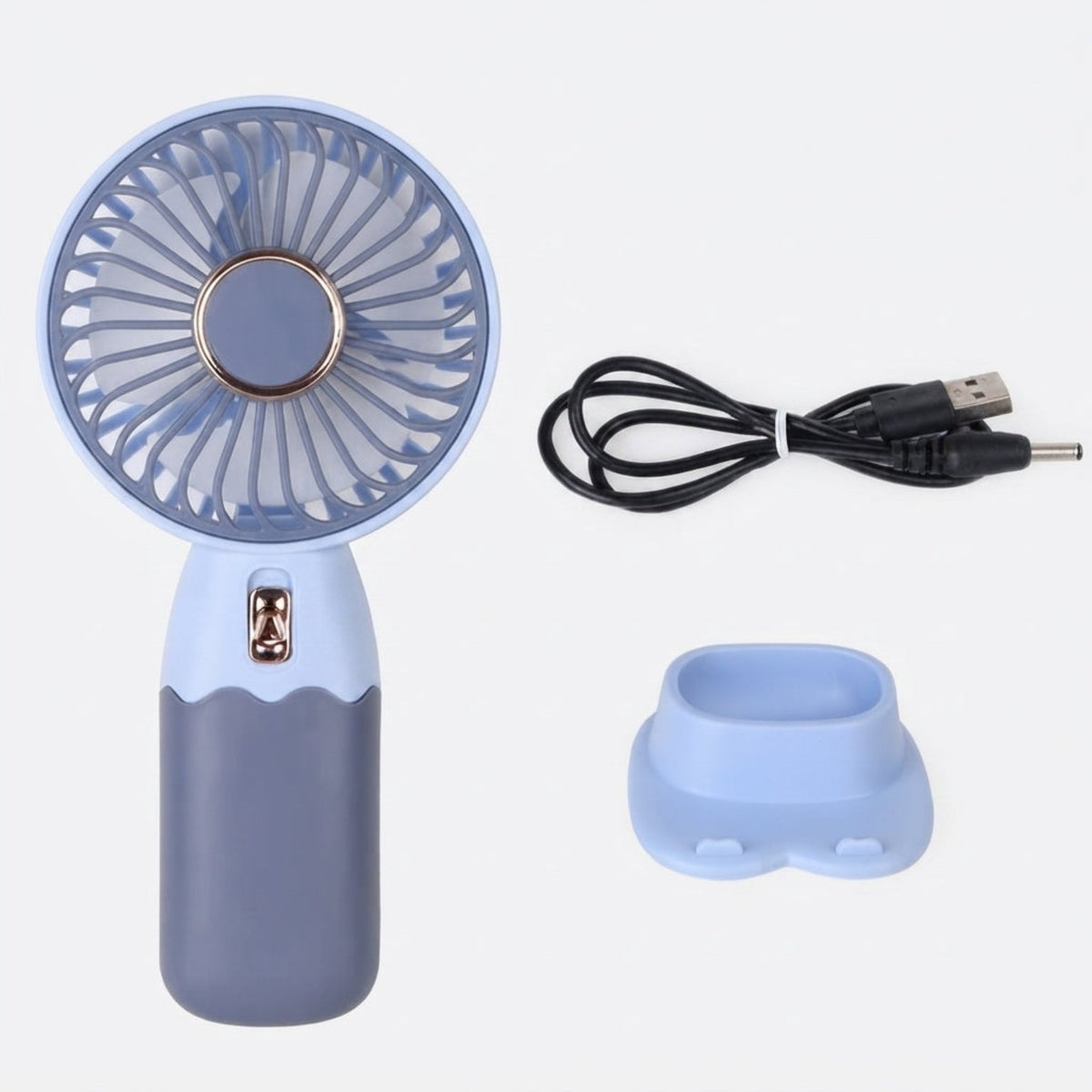 BreezeGo rechargeable handheld fan in blue with charging cable and stand