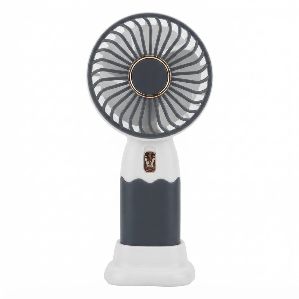 BreezeGo rechargeable handheld fan in grey with tabletop stand