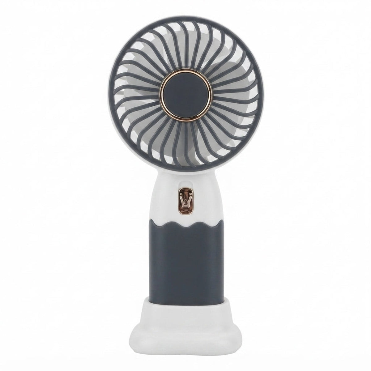 BreezeGo rechargeable handheld fan in grey with tabletop stand