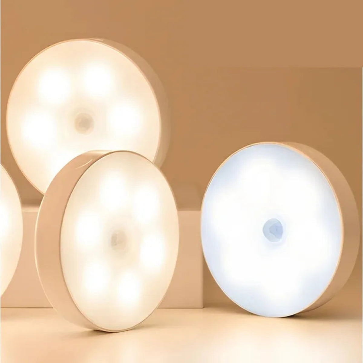 GlowSense rechargeable motion lights shown in warm and cool light colours