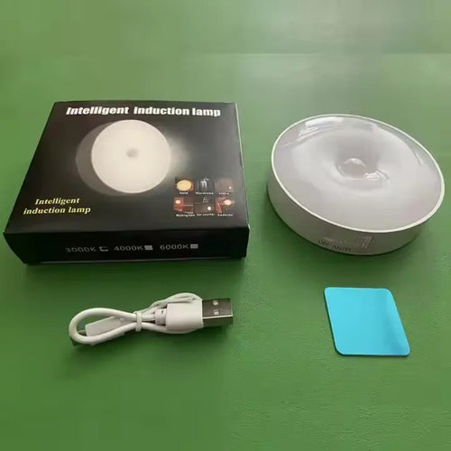 GlowSense rechargeable motion light with USB cable and adhesive mounting plate