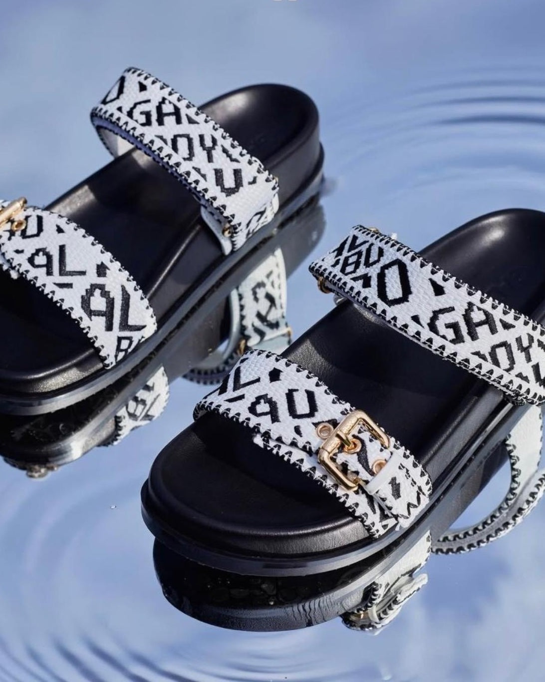 LinkEveryday printed double-strap slide sandals in black and white