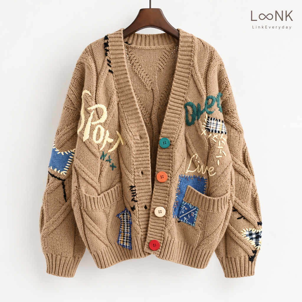 LinkEveryday patchwork cable-knit cardigan in beige