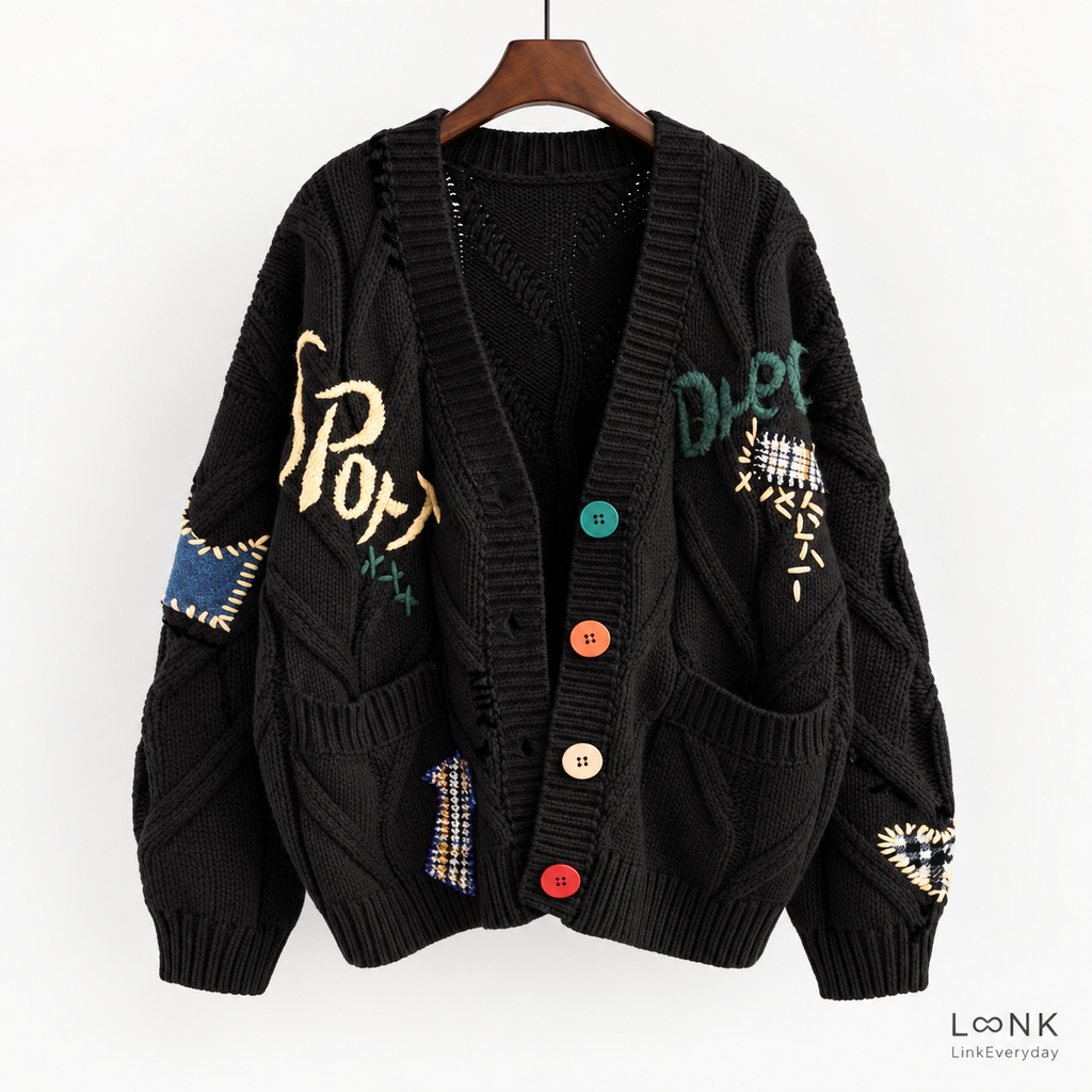 LinkEveryday patchwork cable-knit cardigan in black
