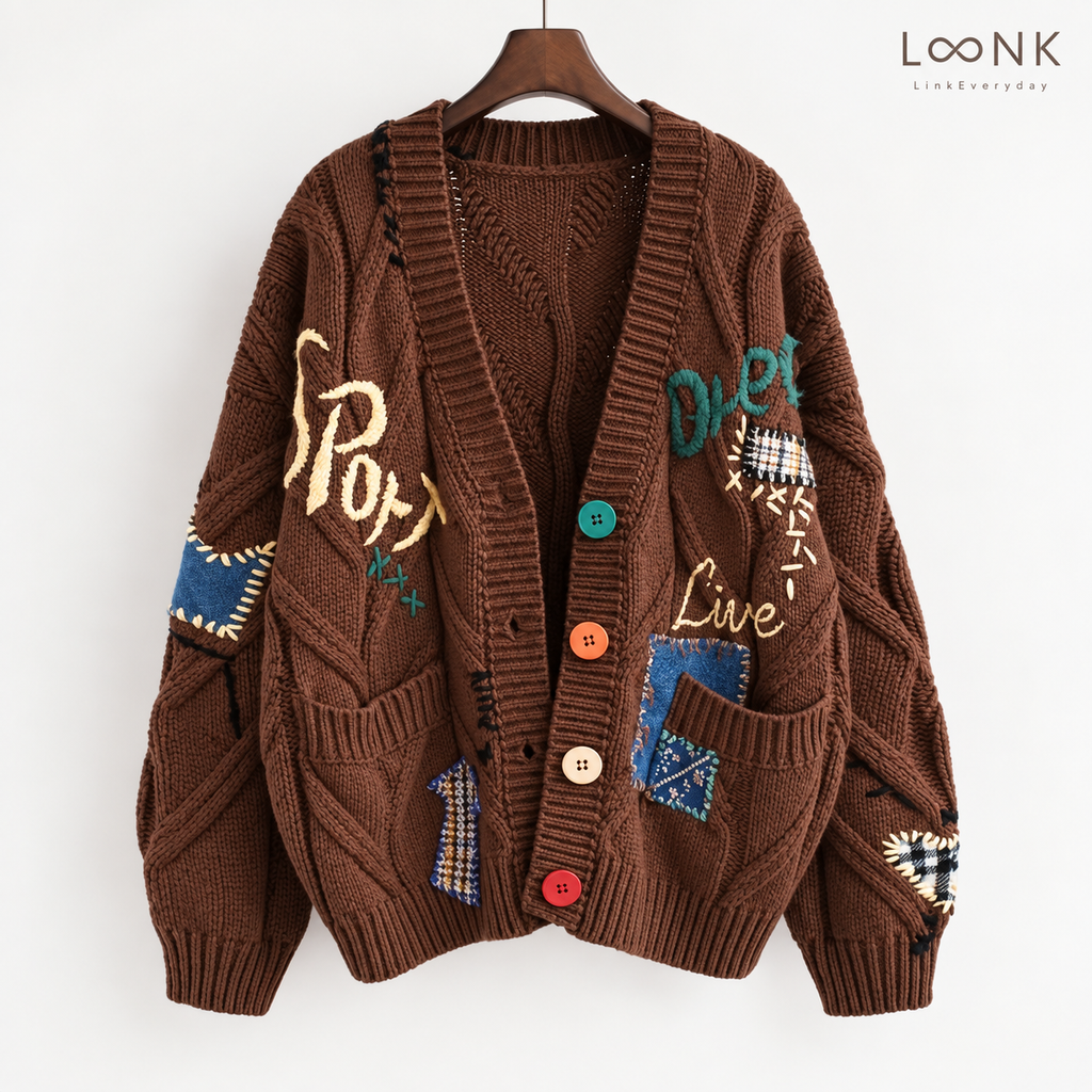 LinkEveryday patchwork cable-knit cardigan in chocolate brown