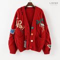 LinkEveryday patchwork cable-knit cardigan in red