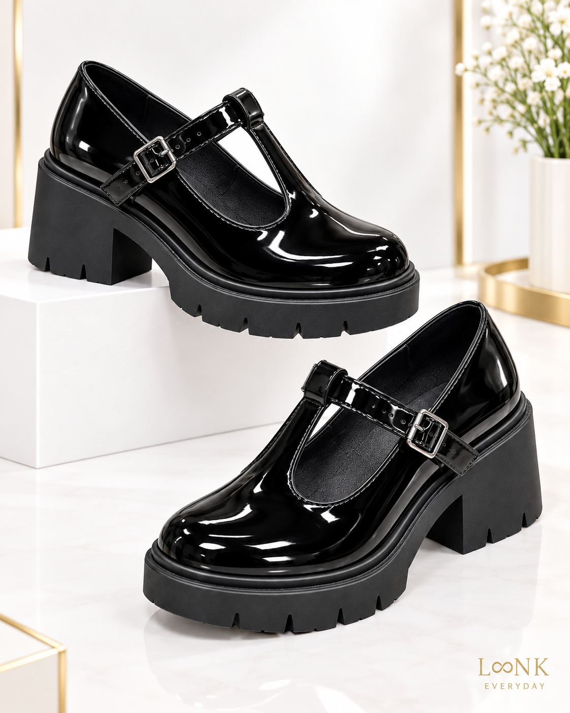 LinkEveryday black patent T-bar platform heels showing the left and right shoe