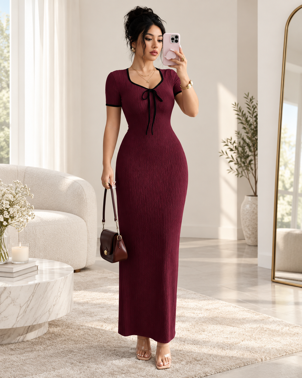 LinkEveryday ribbed bow-front maxi dress in burgundy
