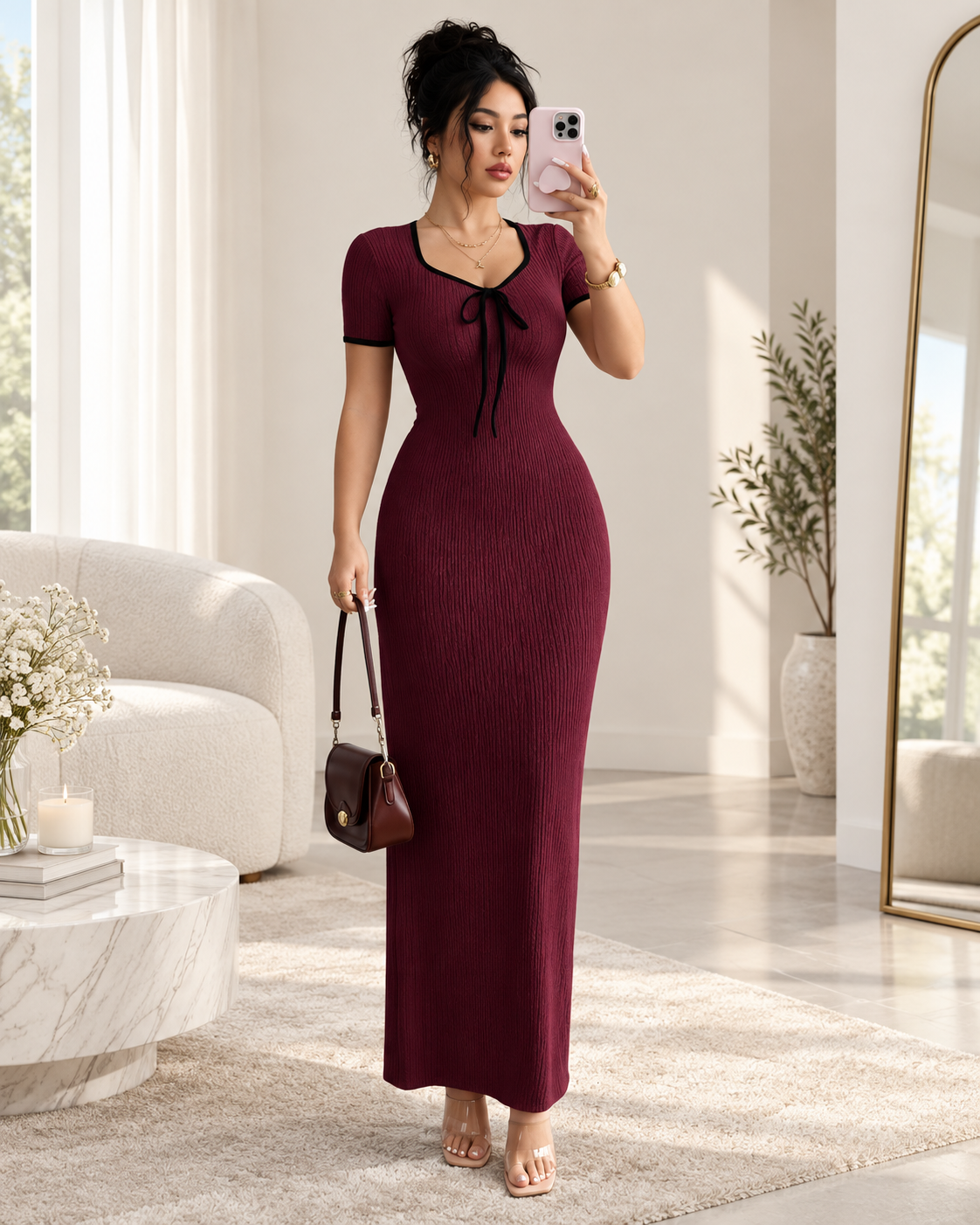 LinkEveryday ribbed bow-front maxi dress in burgundy