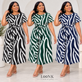LinkEveryday zebra print belted midi dress in black, green and navy