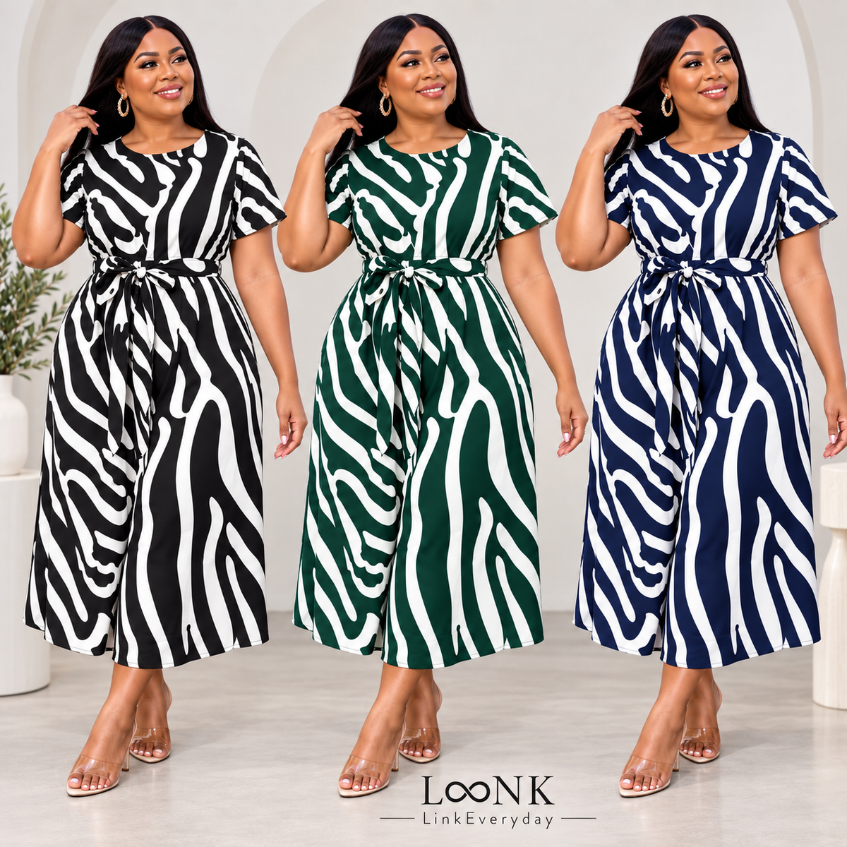 LinkEveryday zebra print belted midi dress in black, green and navy